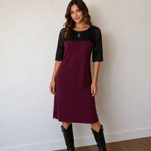 Ann Taylor Women's Lace-Yoke Midi Sheath Dress in Plum Size Medium